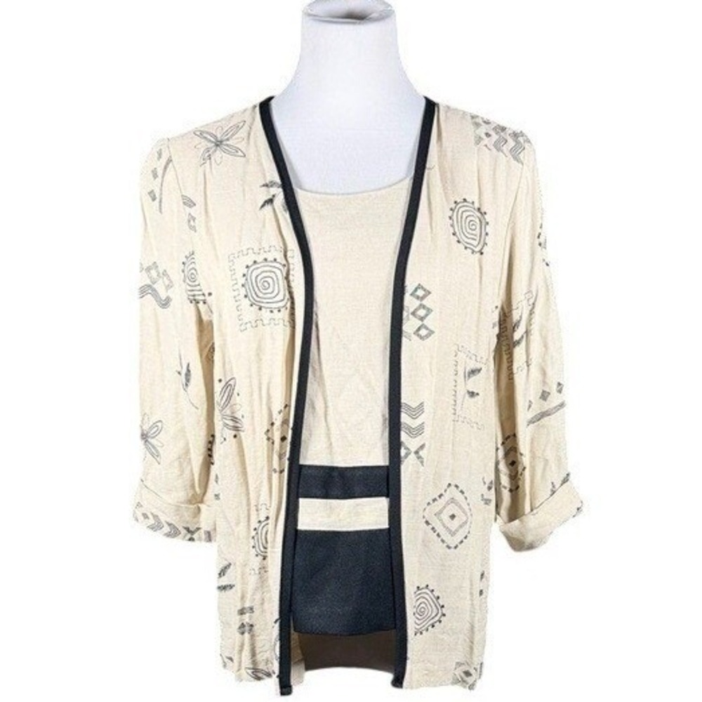 Two Twenty Womens Vintage 2 Piece Cardigan Shell Set Cream Black Print‎ Size S/P